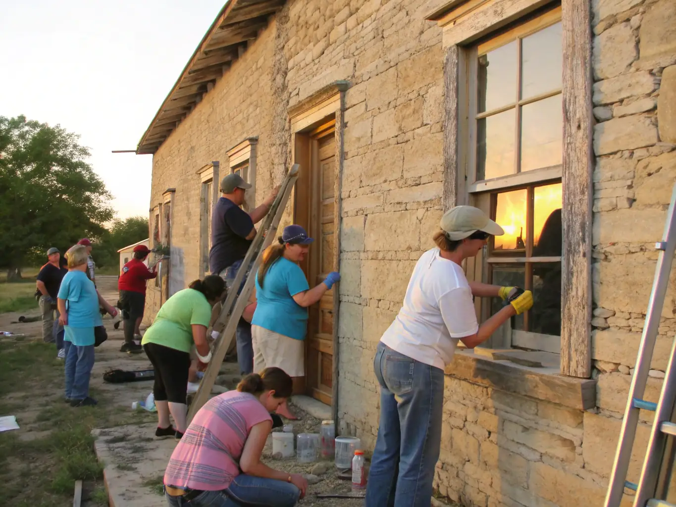 A vibrant photo of volunteers restoring a historic building facade, showcasing teamwork and dedication to preservation.
