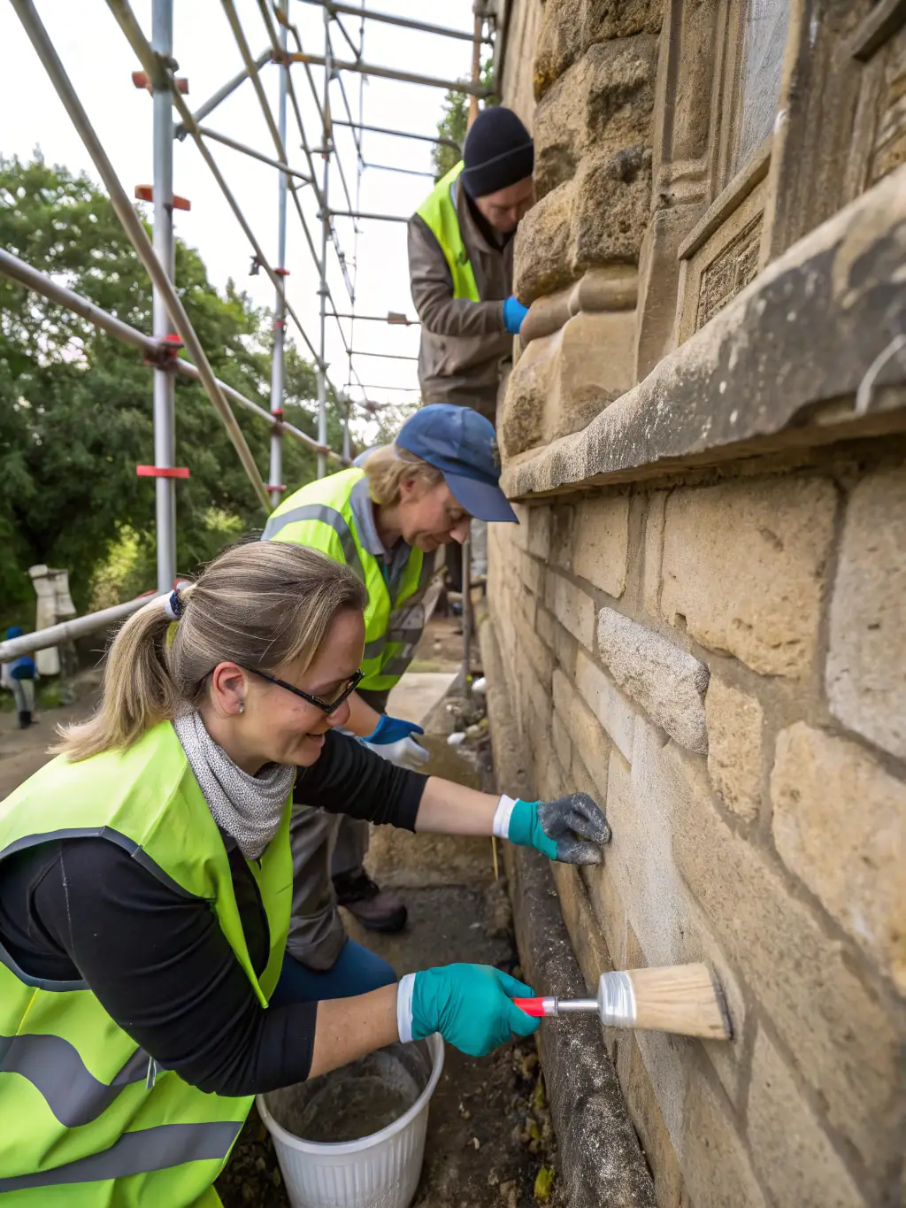 A photograph capturing a group of volunteers cleaning and restoring a historic stone wall at a local heritage site, showcasing community involvement in preservation efforts.