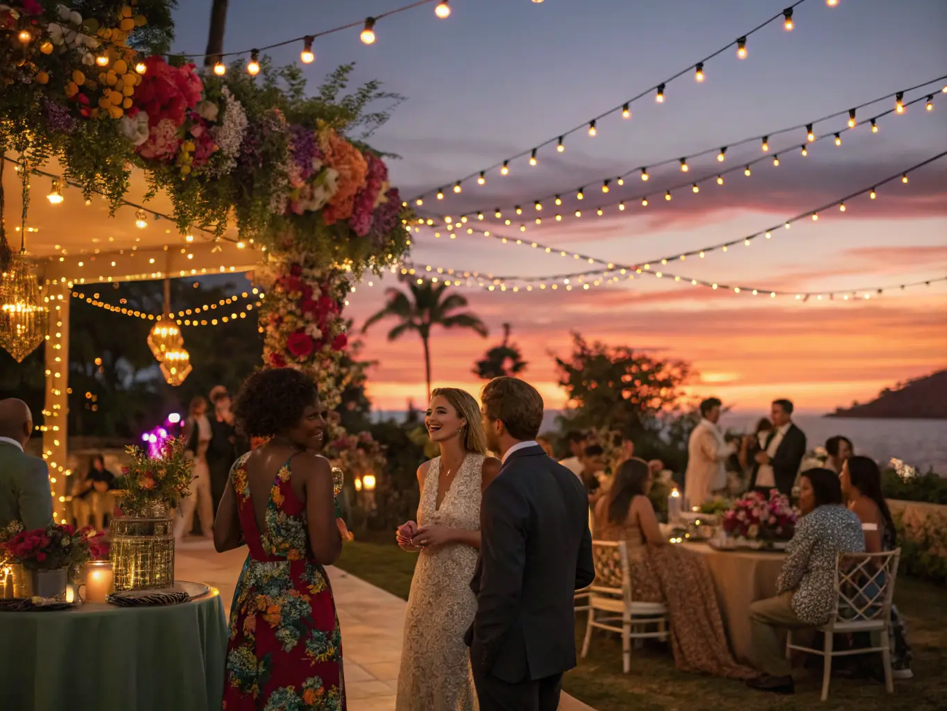 An image showcasing an evening gala event held at a historic mansion, with attendees dressed in formal attire, enjoying music, and supporting PATRIMOINE AVENIR's mission.