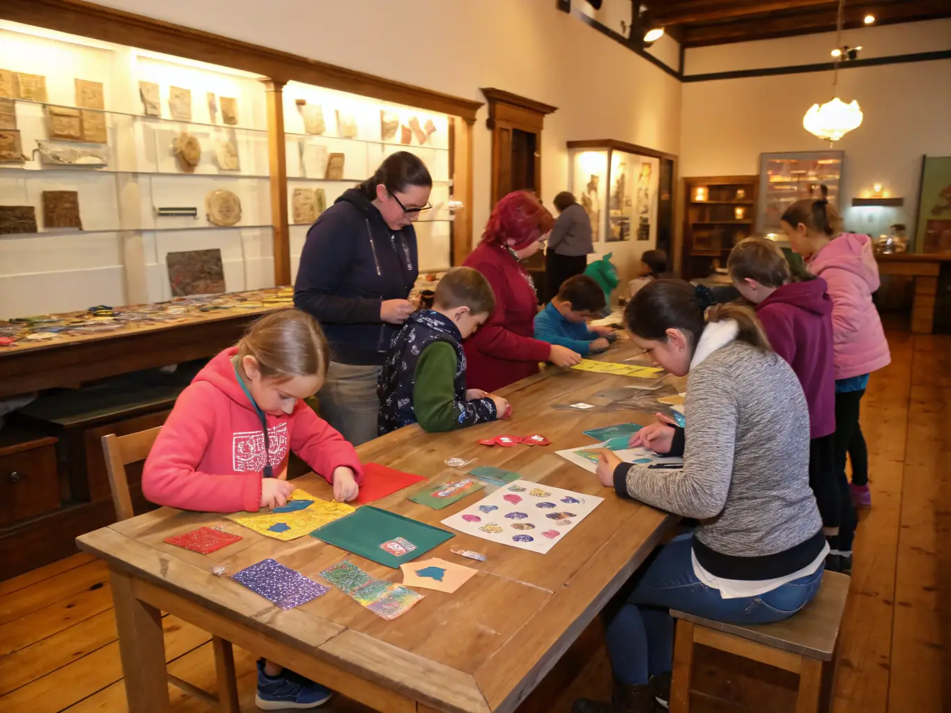 A photograph of an educational workshop taking place inside a beautifully restored historic building, with participants actively engaged in learning about traditional crafts.