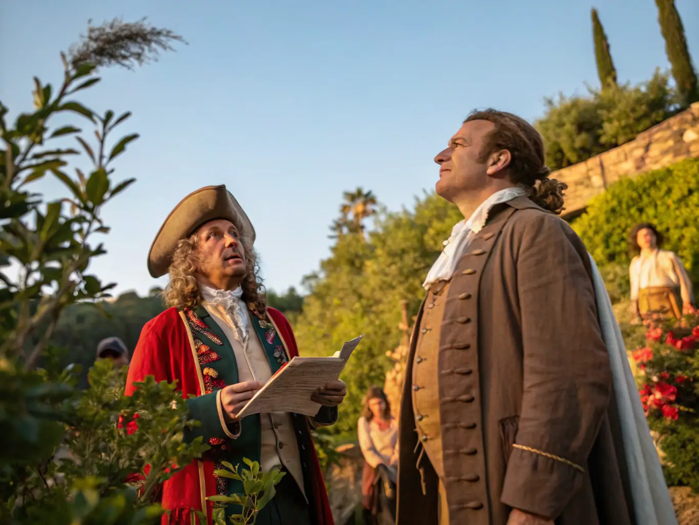 A vibrant outdoor scene depicting a historical reenactment event at a local heritage site, with participants in period costumes engaging with visitors.
