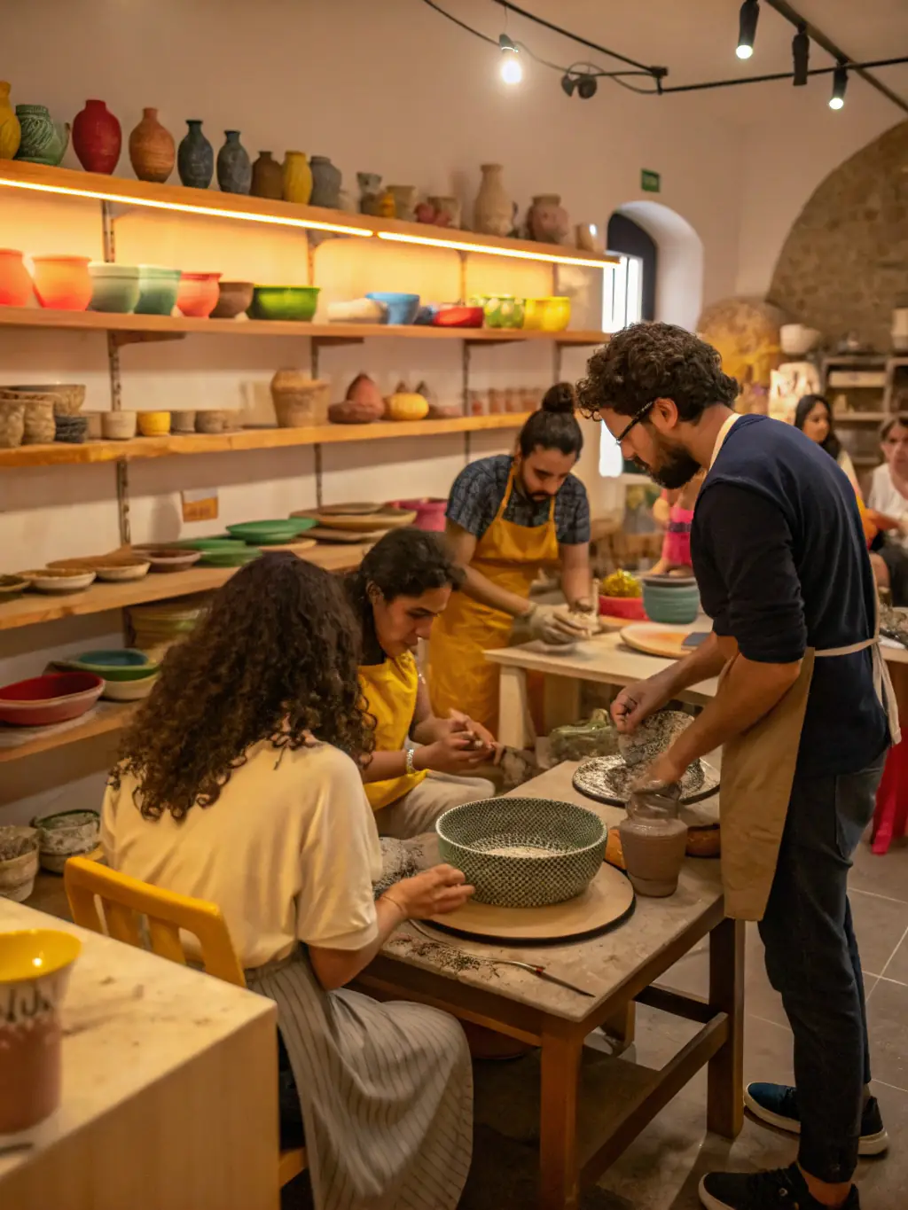 A vibrant image of a community workshop where participants are learning traditional craft techniques, such as pottery or weaving, from local artisans. The scene is filled with creativity and cultural exchange.