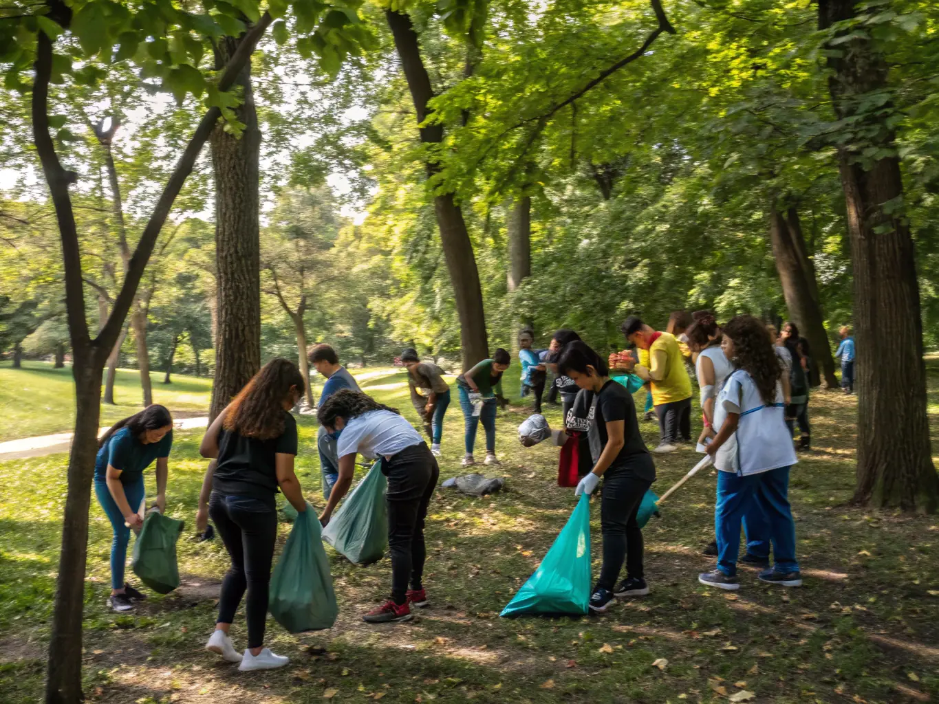 A group of students participating in a historical site cleanup, smiling and working together to preserve a local landmark.