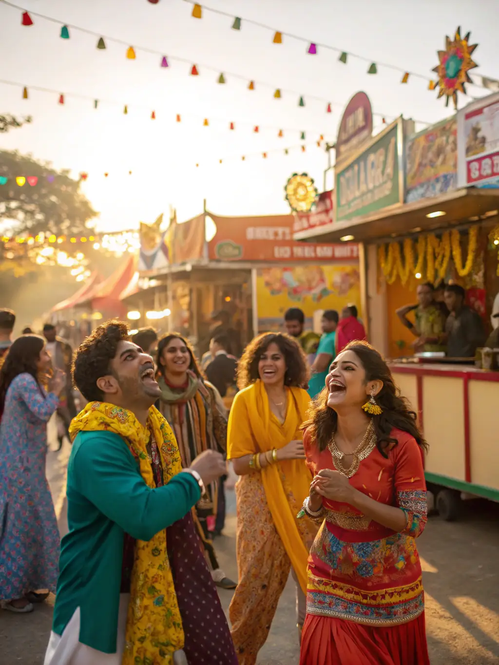 A vibrant image of a community festival celebrating local traditions, with people dressed in historical costumes, enjoying music, food, and cultural performances.