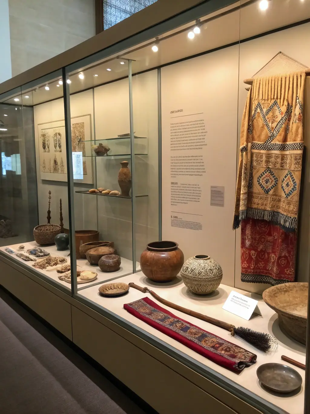 A photograph of an exhibition showcasing historical artifacts and documents, displayed in a well-lit gallery, highlighting the association's role in preserving cultural heritage.