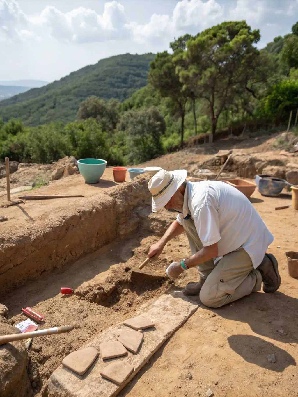 A photograph capturing a group of students participating in an archaeological dig at a local historical site, supervised by experienced archaeologists. The students are carefully excavating artifacts, showcasing hands-on learning and historical exploration.